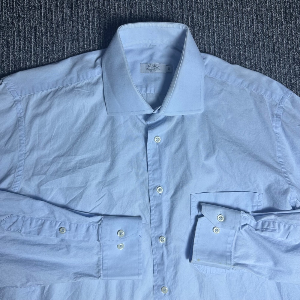 Fideli Napoli Bespoke Dress Shirt Mens 40 Light Blue Long Sleeve READ